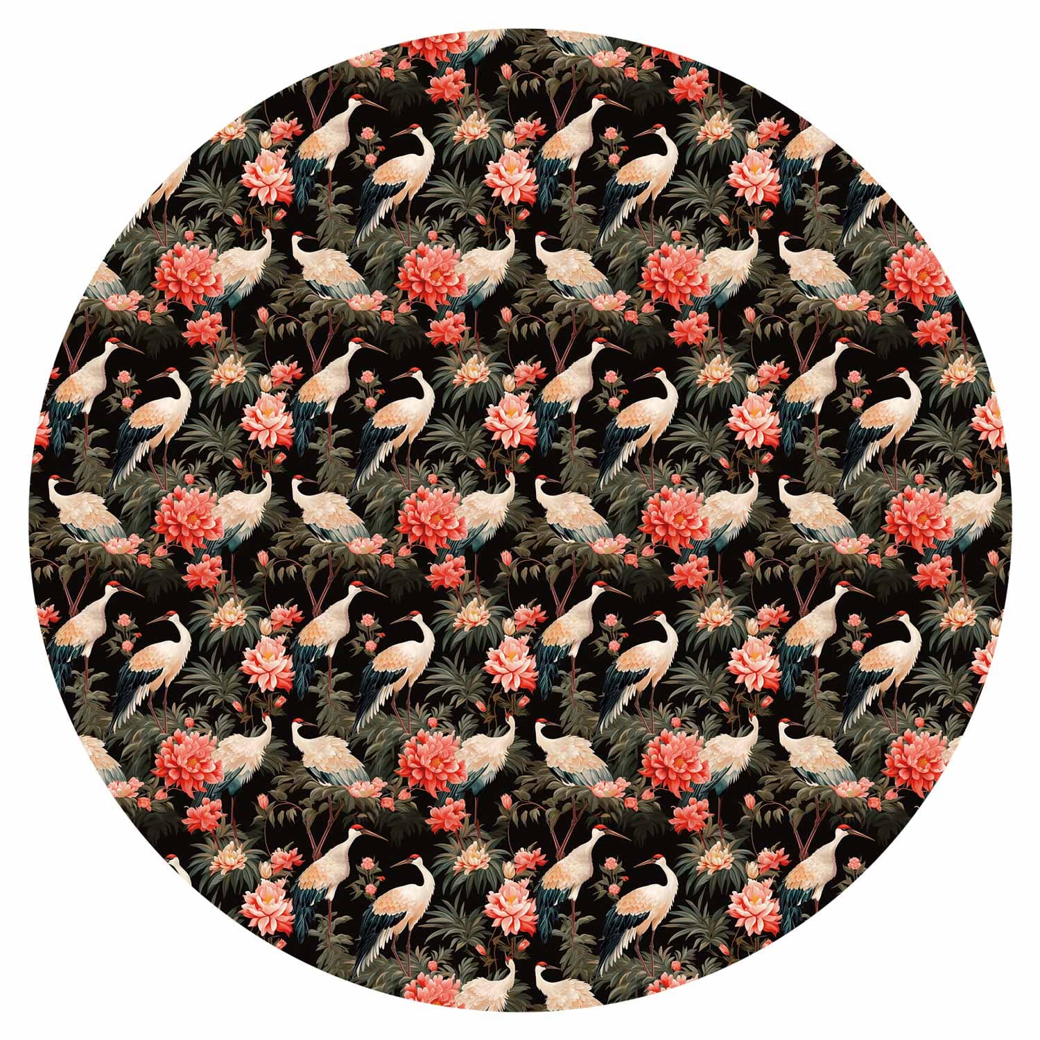 Круглые фотообои Ornament z ptakami - sylwetki żurawi i kwiaty piwonii na ciemnym tle 140×140 см, самоклеящийся материал