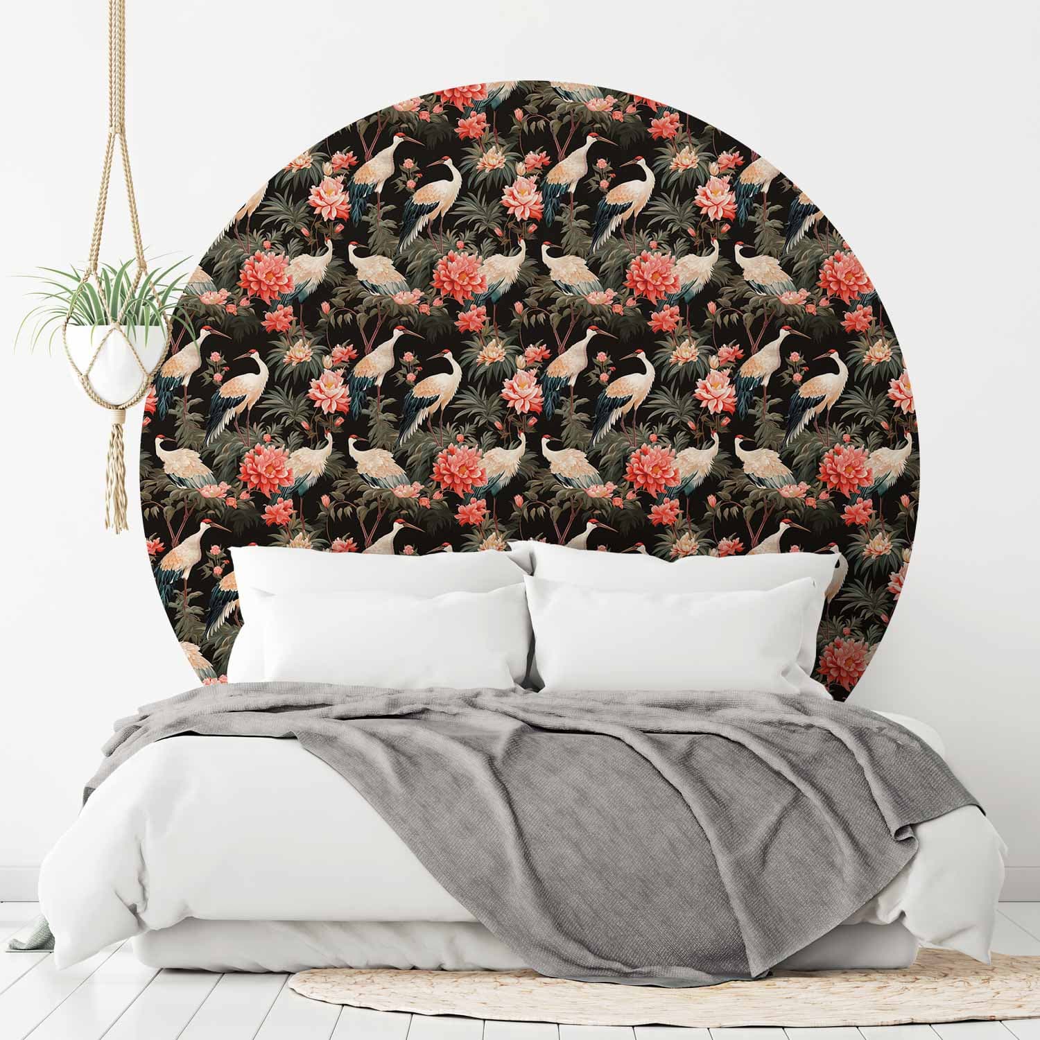 Круглые фотообои Ornament z ptakami - sylwetki żurawi i kwiaty piwonii na ciemnym tle 140×140 см, самоклеящийся материал