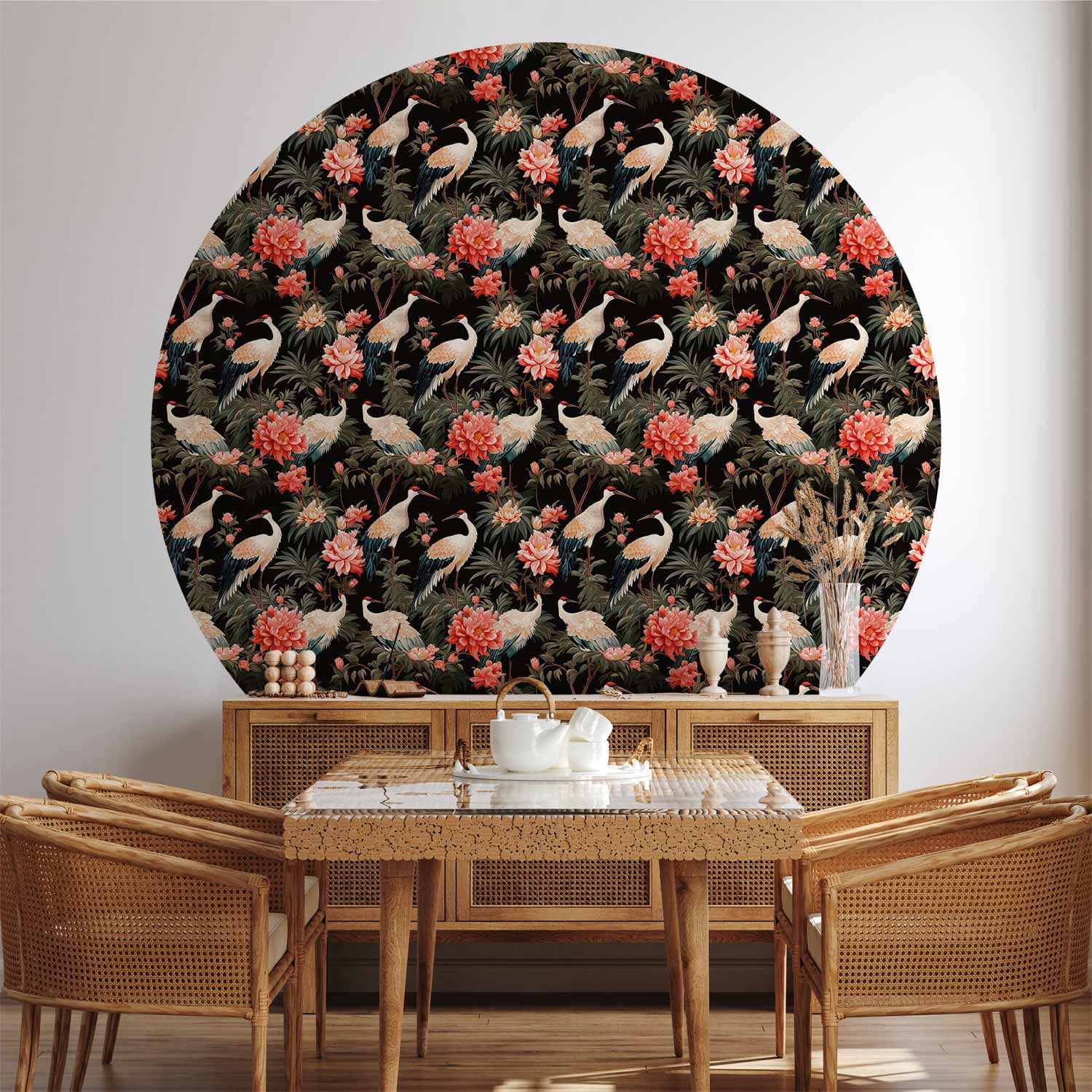 Круглые фотообои Ornament z ptakami - sylwetki żurawi i kwiaty piwonii na ciemnym tle 140×140 см, самоклеящийся материал
