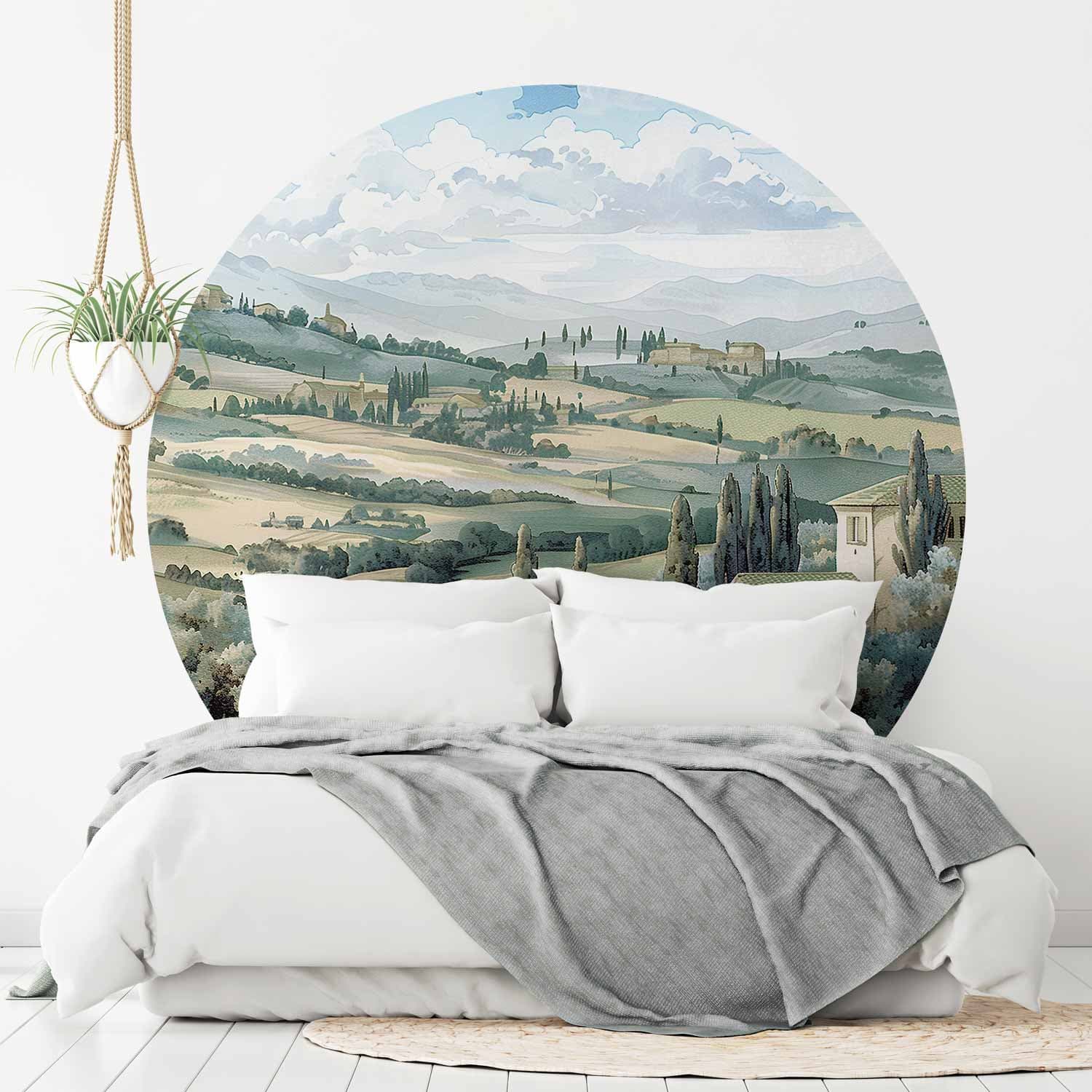 Fototapeta okrągła Pejzaż ze słonecznymi, zielonymi polami 140×140 cm, materiał samoprzylepny