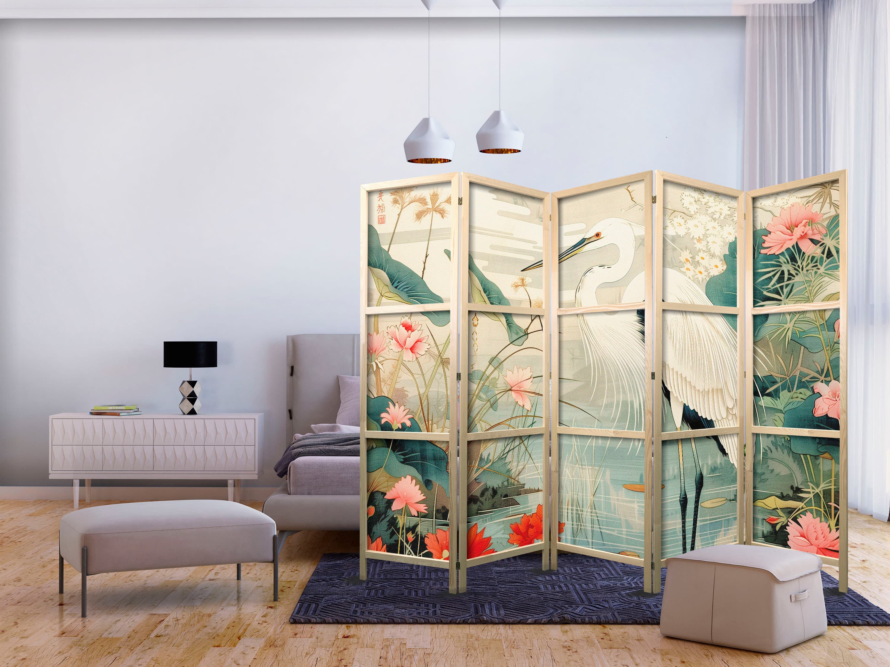 Japanese room divider Nad azjatyckim stawem - ilustracja w stylu japońskiej ryciny, przedstawiająca czaplę 225×172 cm, Japanese
