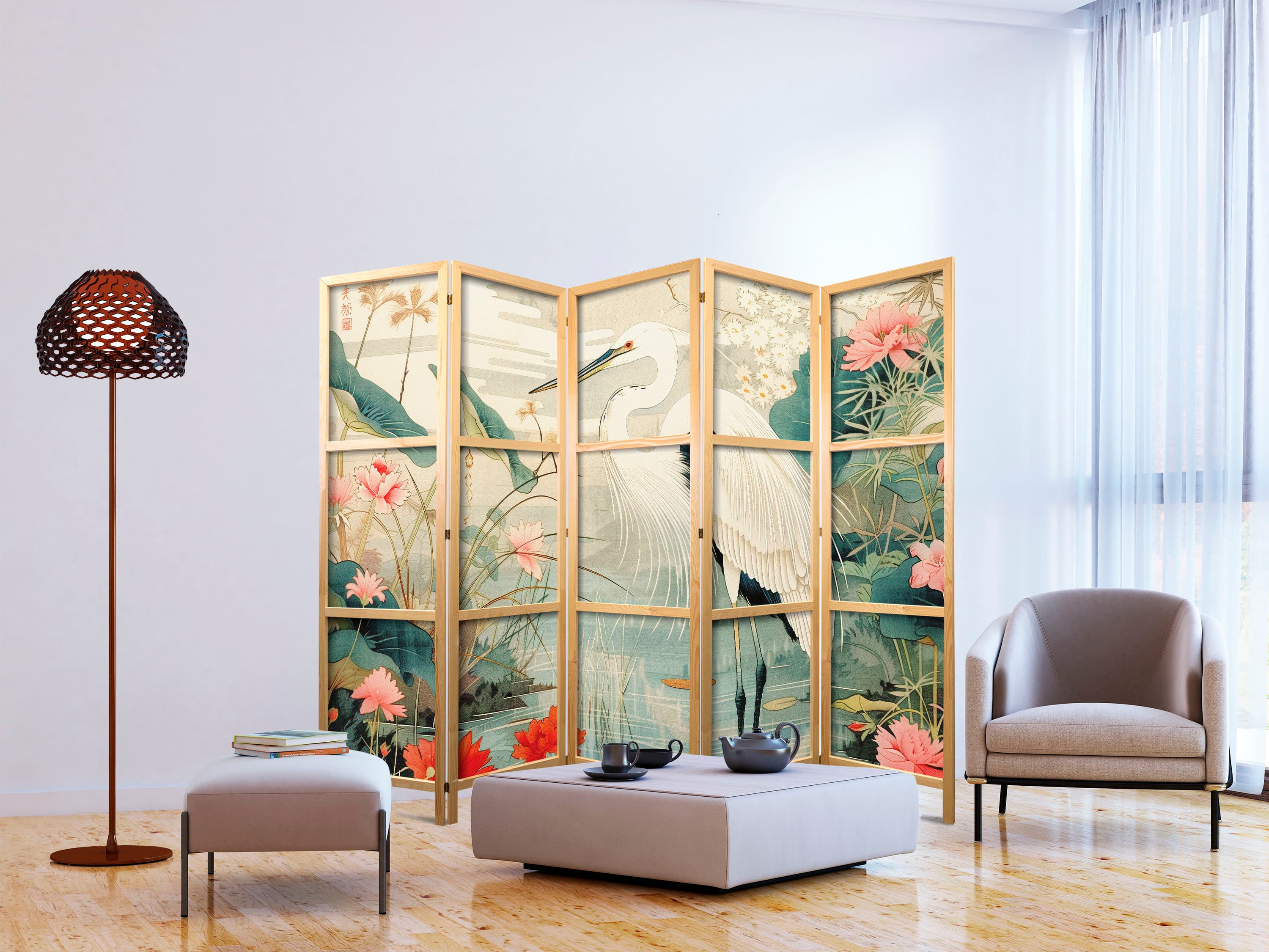 Japanese room divider Nad azjatyckim stawem - ilustracja w stylu japońskiej ryciny, przedstawiająca czaplę 225×172 cm, Japanese
