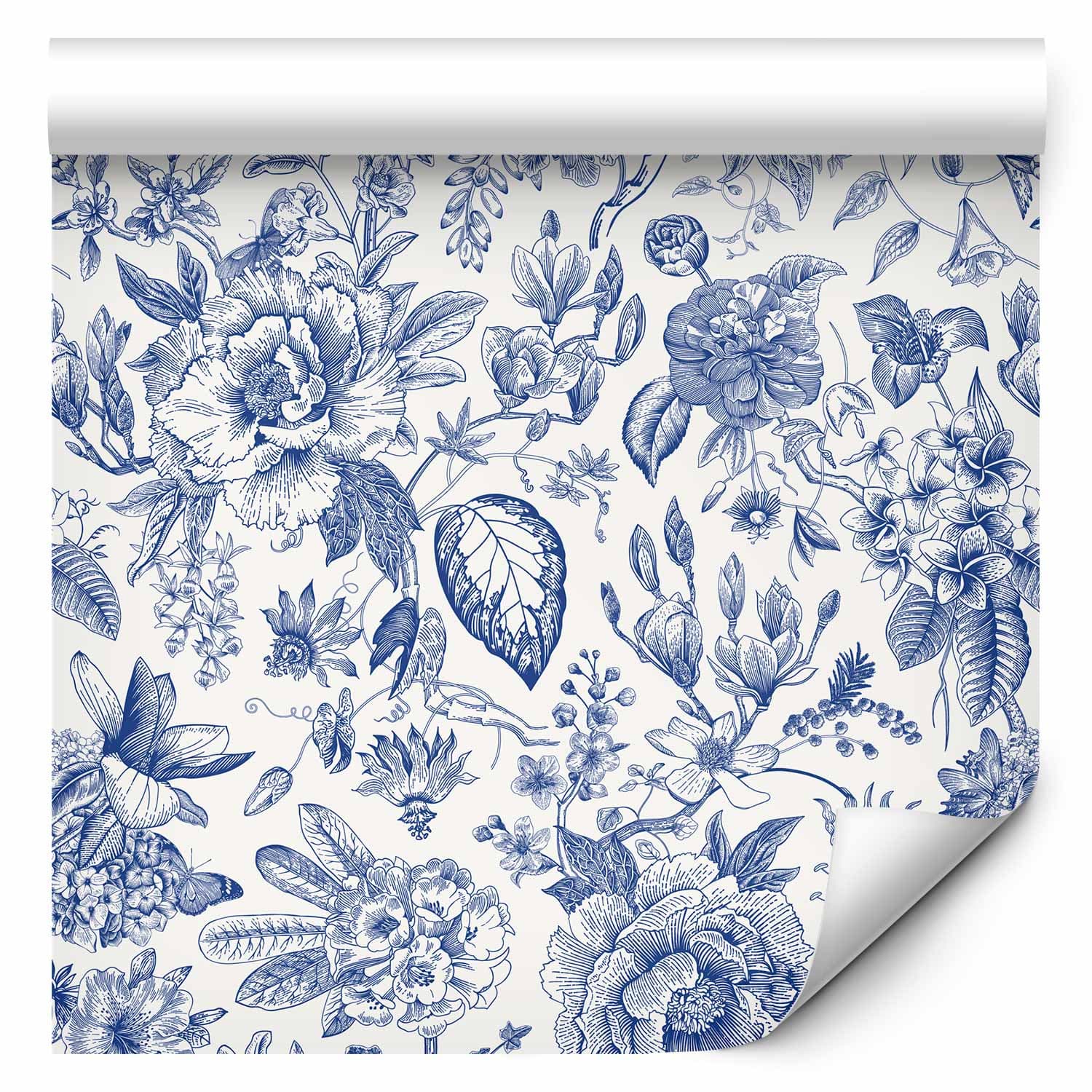 Tapeta Ilustracja z niebieskimi kwiatami 50×1000 cm, flizelina standard