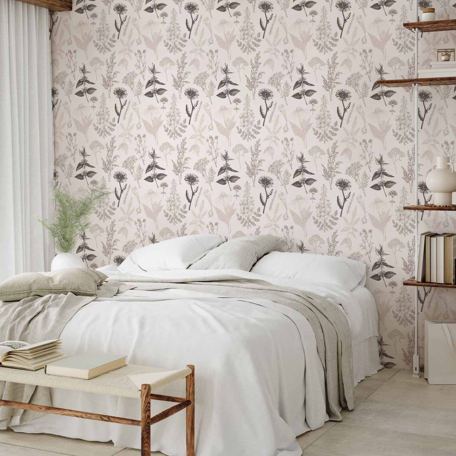 Tapeta Kwiaty i zioła w ciepłych szarościach 50×1000 cm, flizelina standard