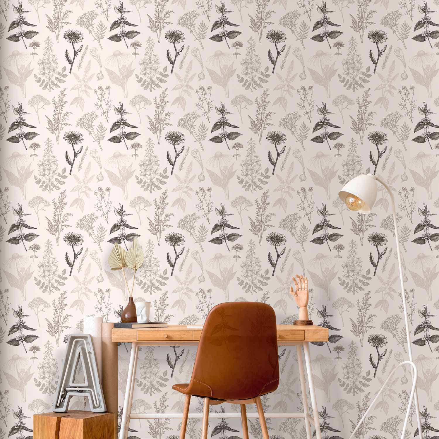 Tapeta Kwiaty i zioła w ciepłych szarościach 50×1000 cm, flizelina standard