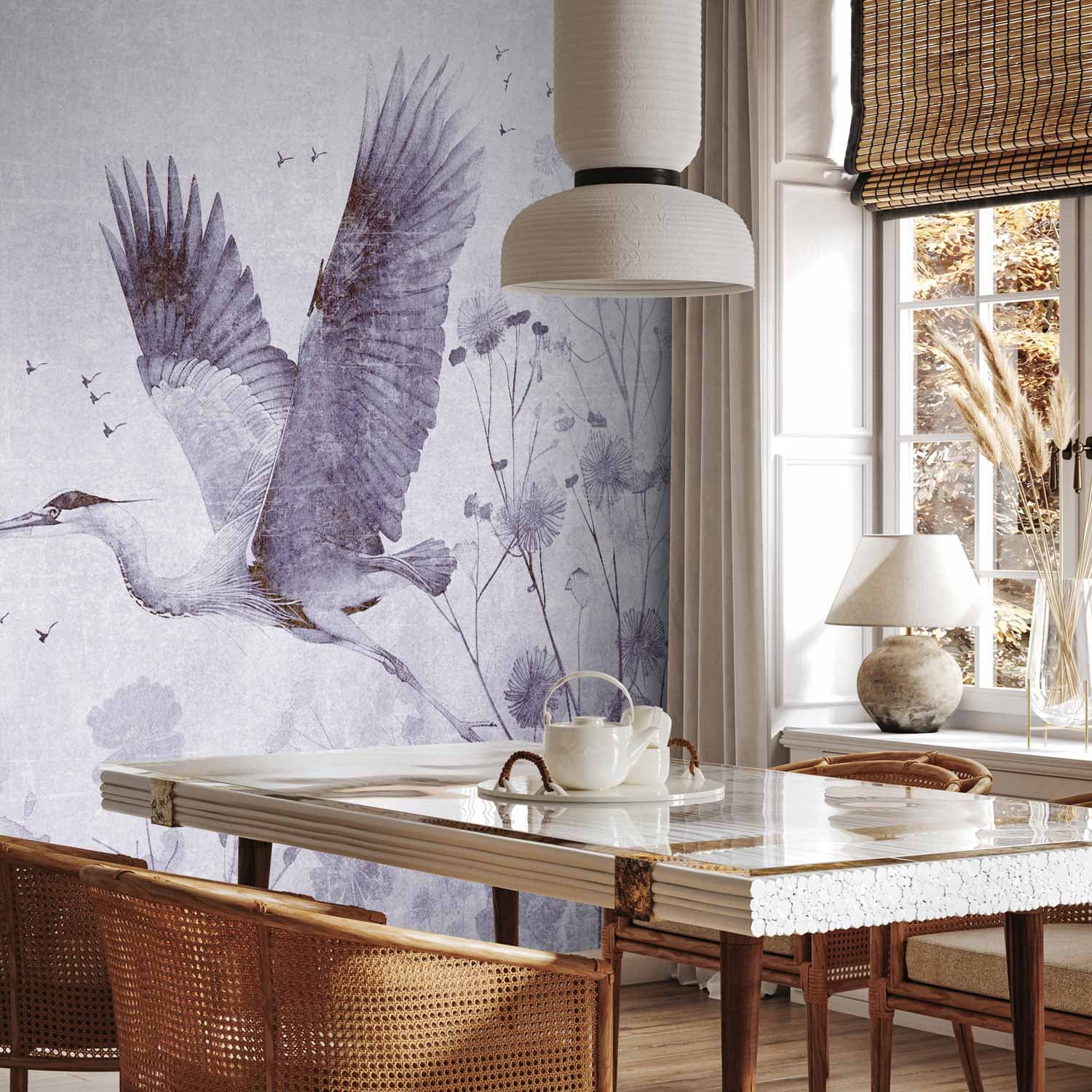 Wall mural Majestatyczny lot - żuraw w locie w monochromatycznej, chłodnej kolorystyce 450×315 cm, waterproof material