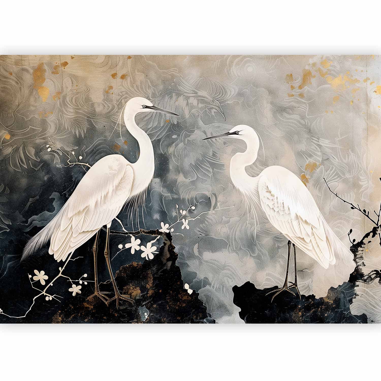 Wall mural Czaple i kwiat wiśni - ilustracja w orientalnym stylu przedstawiająca ptaki 98×70 cm, self-adhesive material