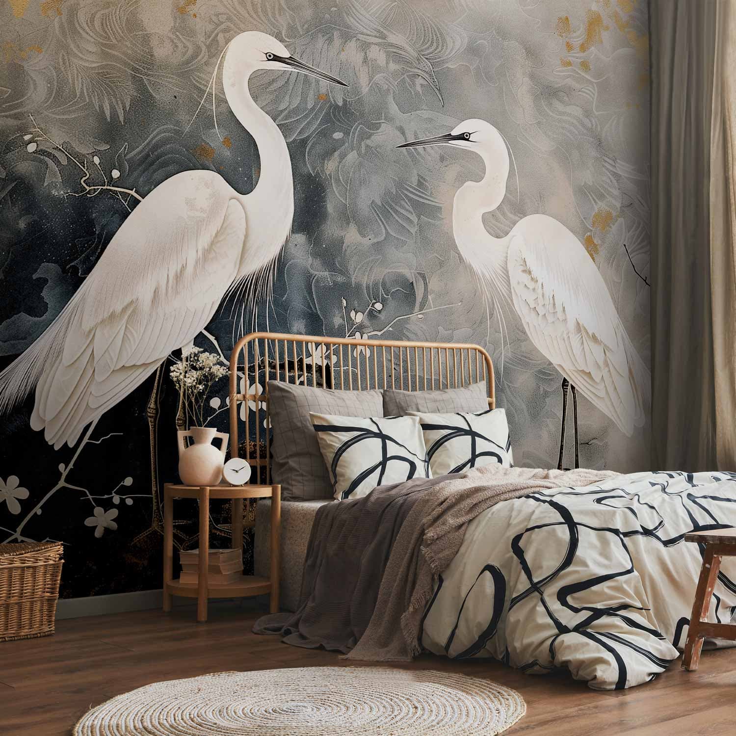 Wall mural Czaple i kwiat wiśni - ilustracja w orientalnym stylu przedstawiająca ptaki 98×70 cm, self-adhesive material
