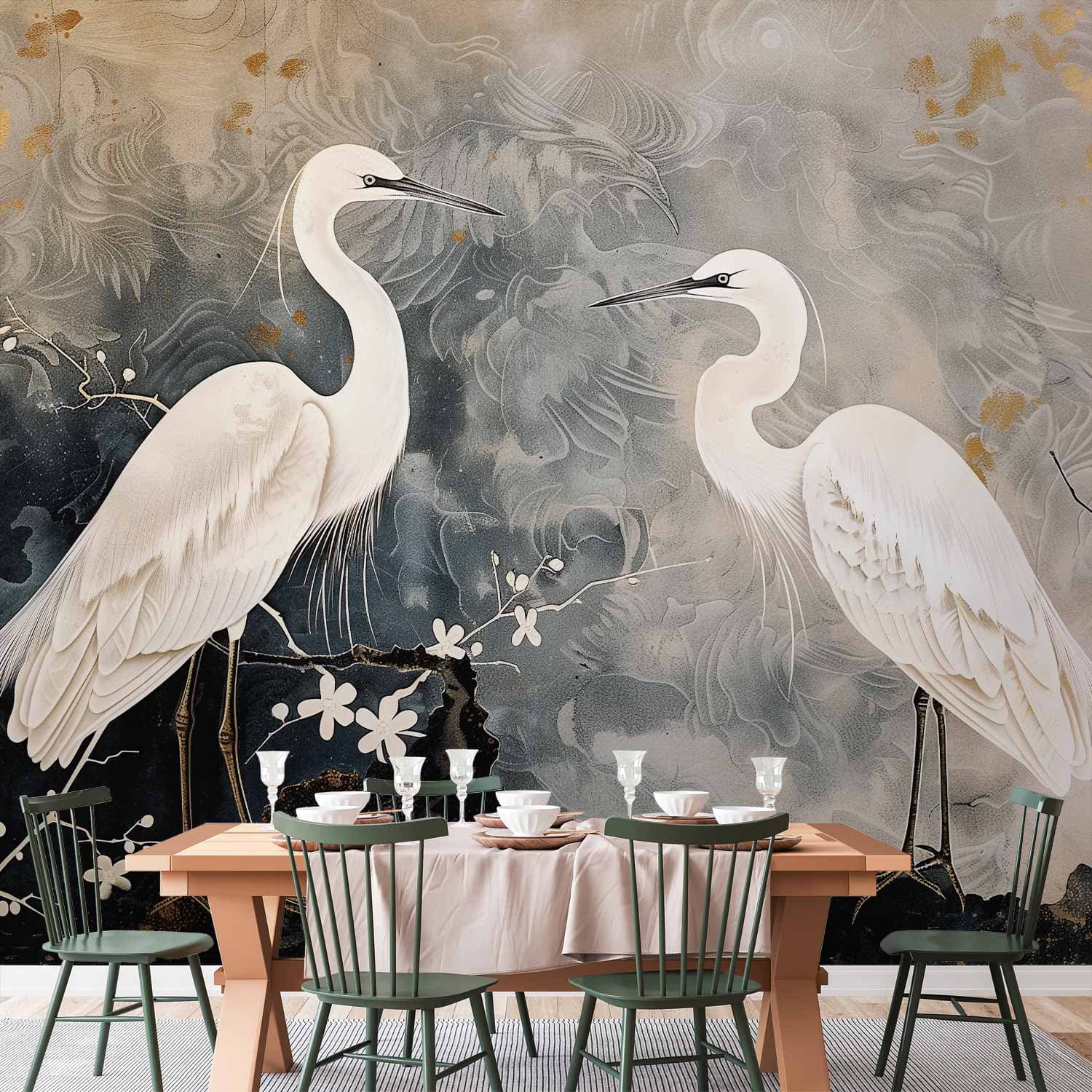 Wall mural Czaple i kwiat wiśni - ilustracja w orientalnym stylu przedstawiająca ptaki 98×70 cm, self-adhesive material
