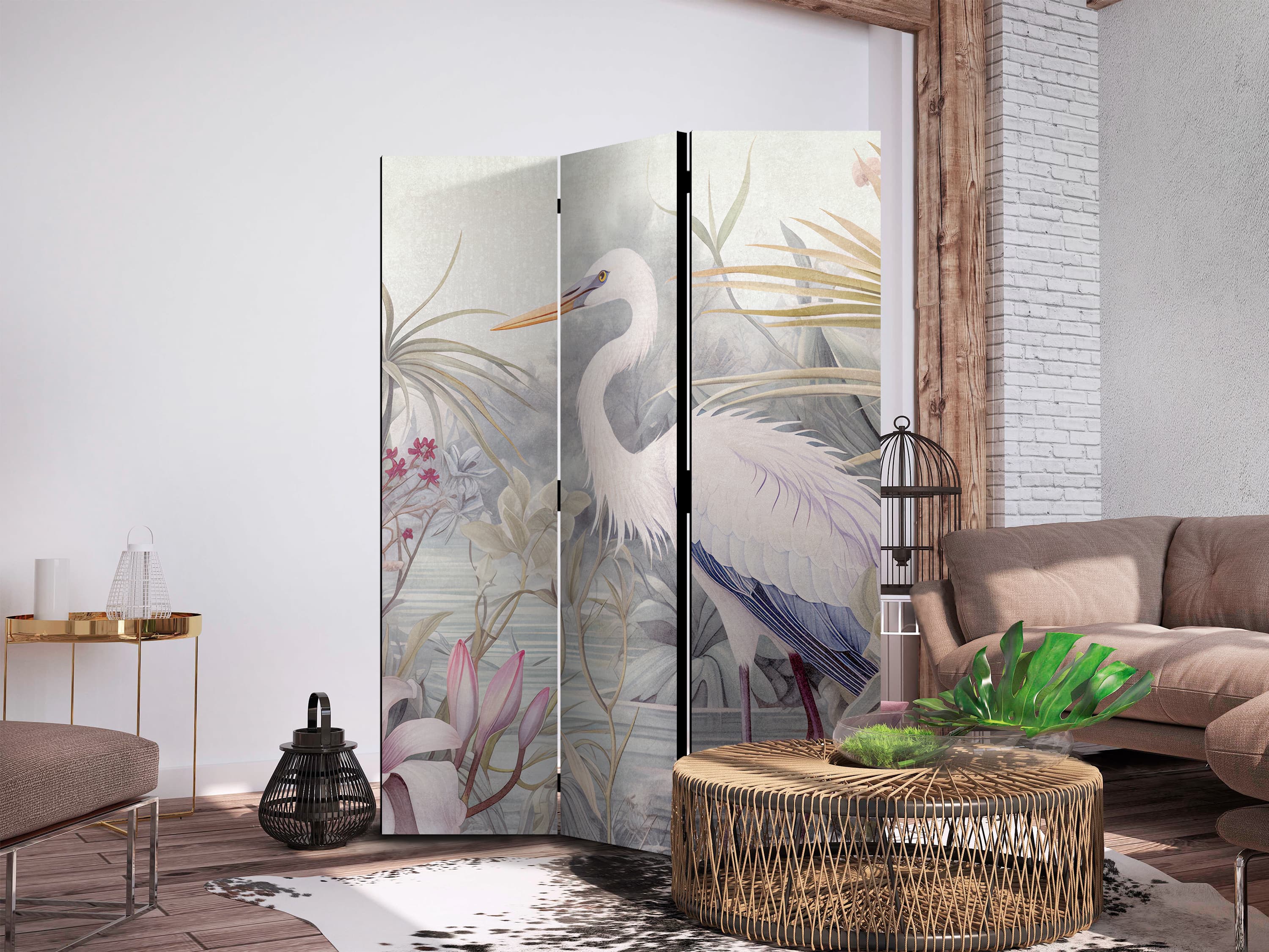 Parawan Czapla brodząca w stawie - ilustracja w jasnej kolorystyce 135×172 cm, jednostronny