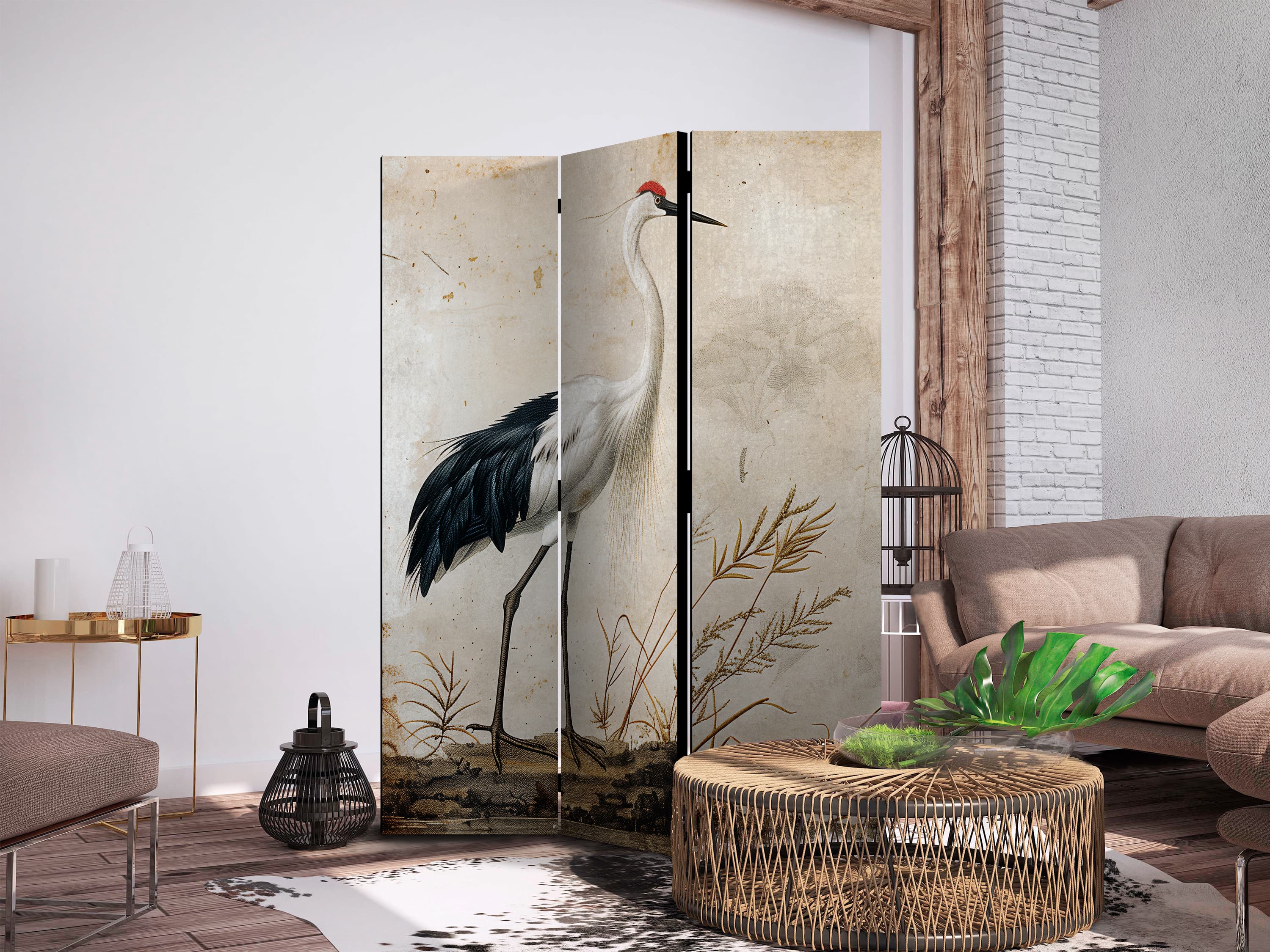 Parawan Ptaki ze starej ryciny - ilustracja w stylu vintage, przedstawiająca czaplę i żurawia 135×172 cm, jednostronny