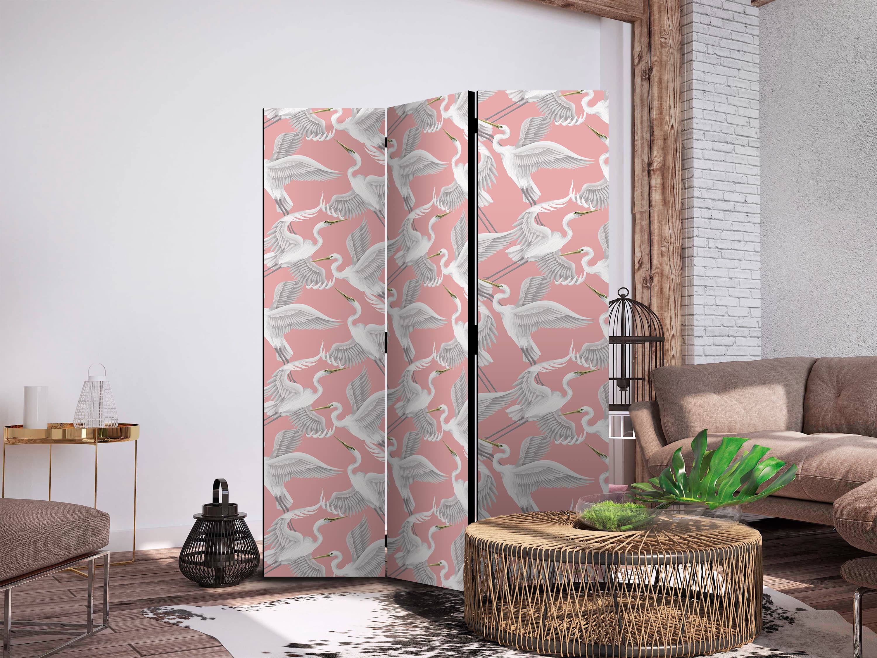 Parawan Pastelowe ptaki - delikatny wzór w biało-szare czaple na jasno-różowym tle 135×172 cm, jednostronny