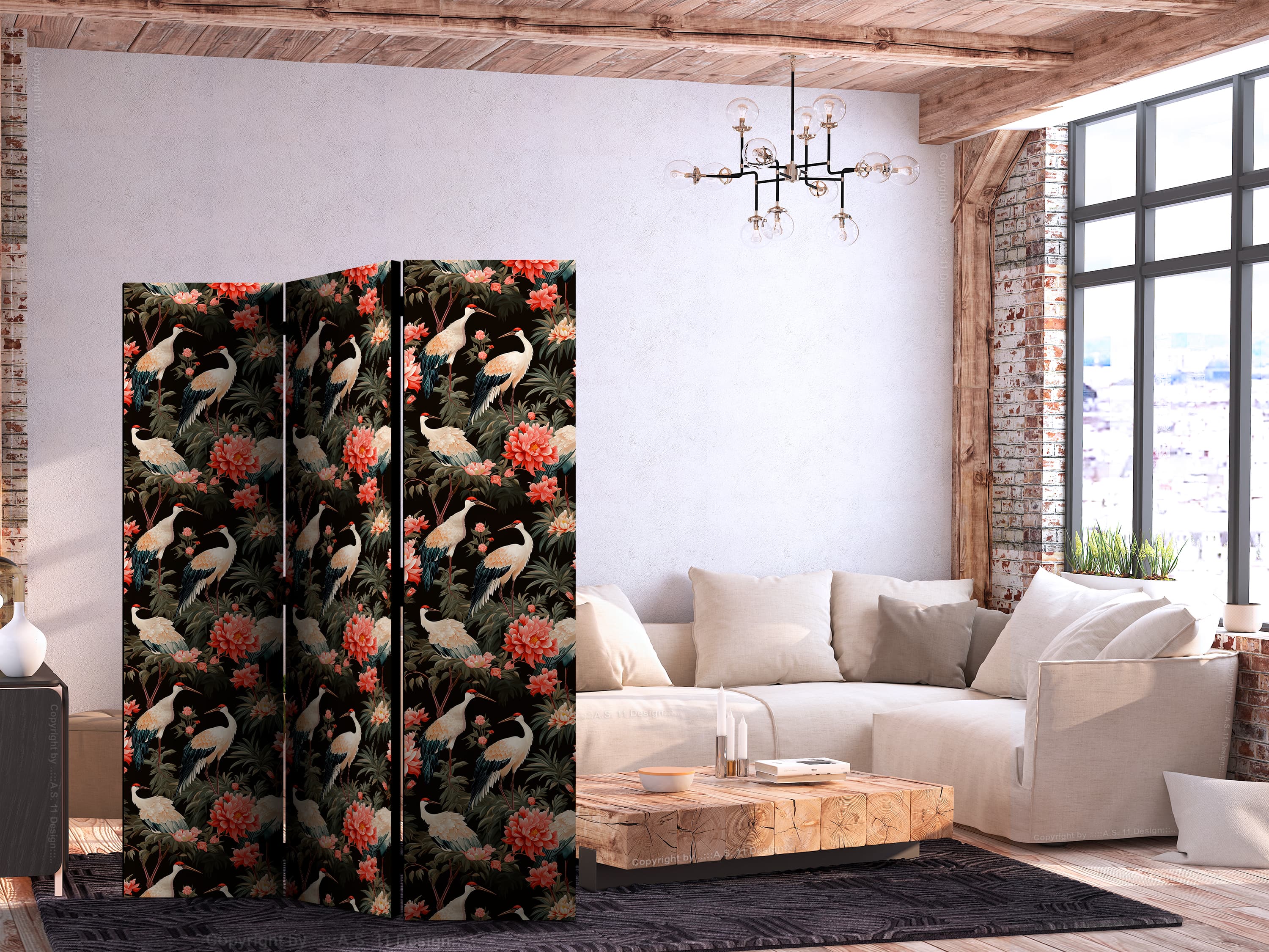 Parawan Ornament z ptakami - sylwetki żurawi i kwiaty piwonii na ciemnym tle 135×172 cm, jednostronny