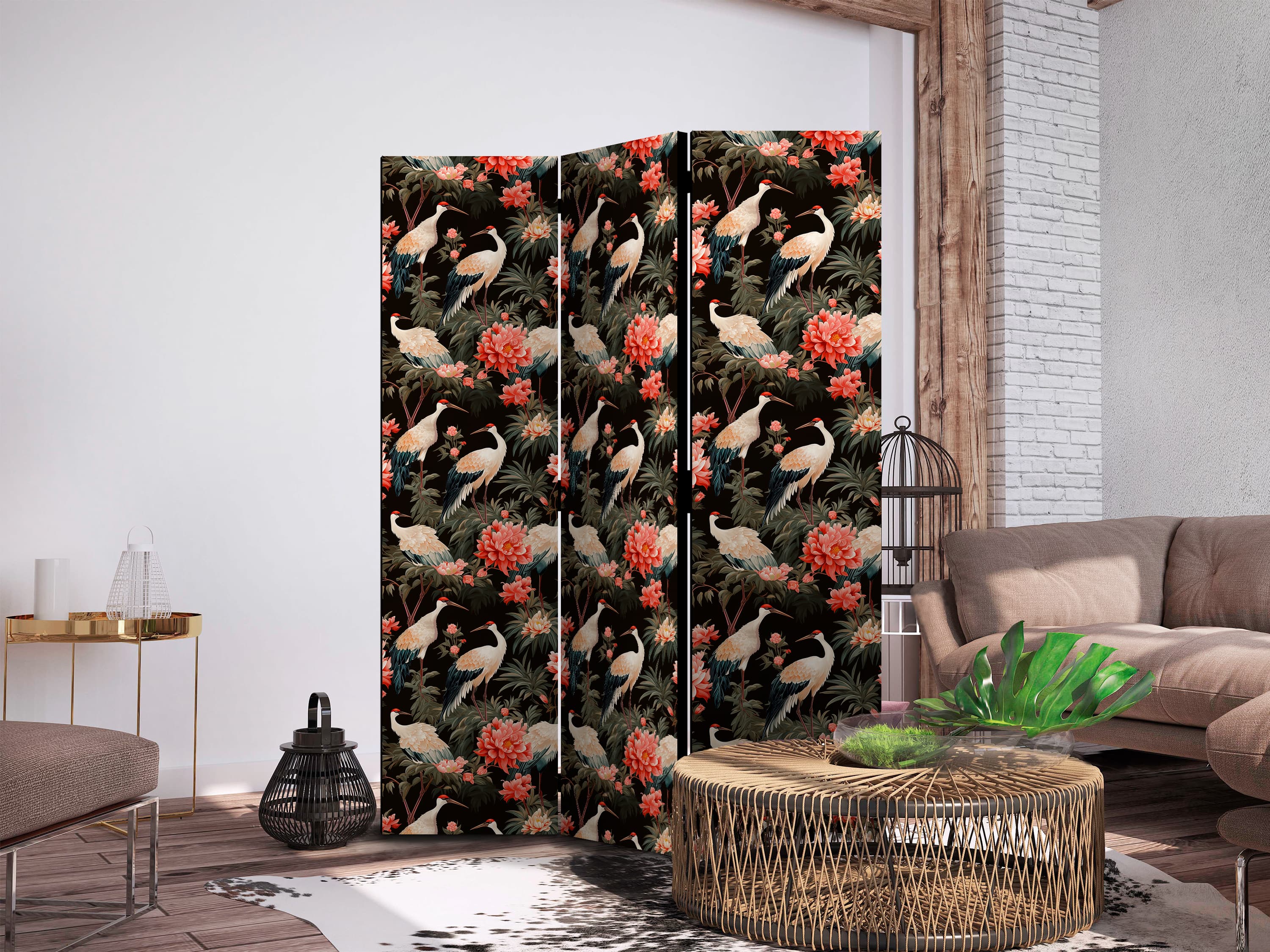 Parawan Ornament z ptakami - sylwetki żurawi i kwiaty piwonii na ciemnym tle 135×172 cm, jednostronny