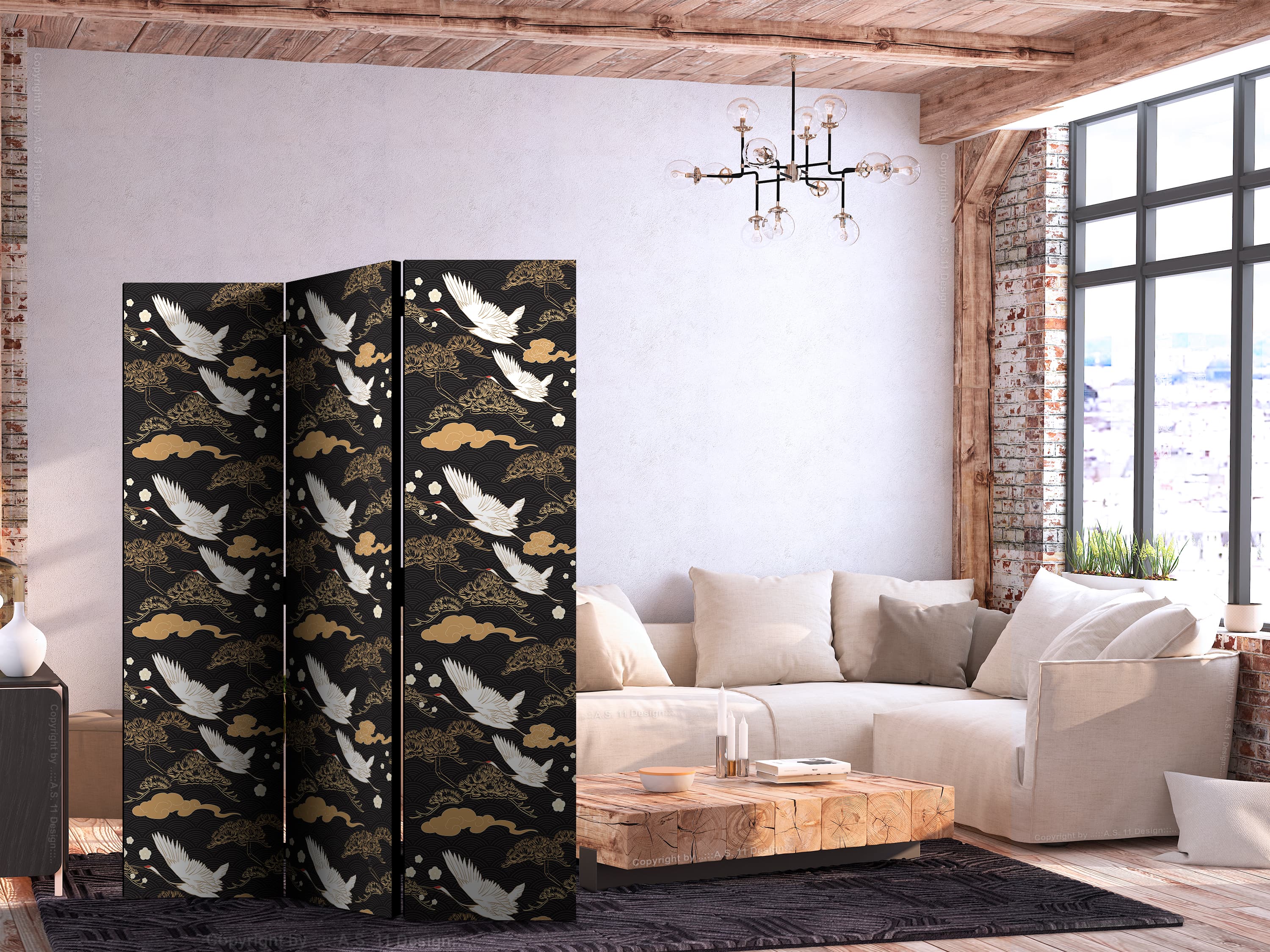 Parawan Orientalne impresje - dekoracyjny wzór z motywem lecących żurawi na ciemnym tle 135×172 cm, jednostronny
