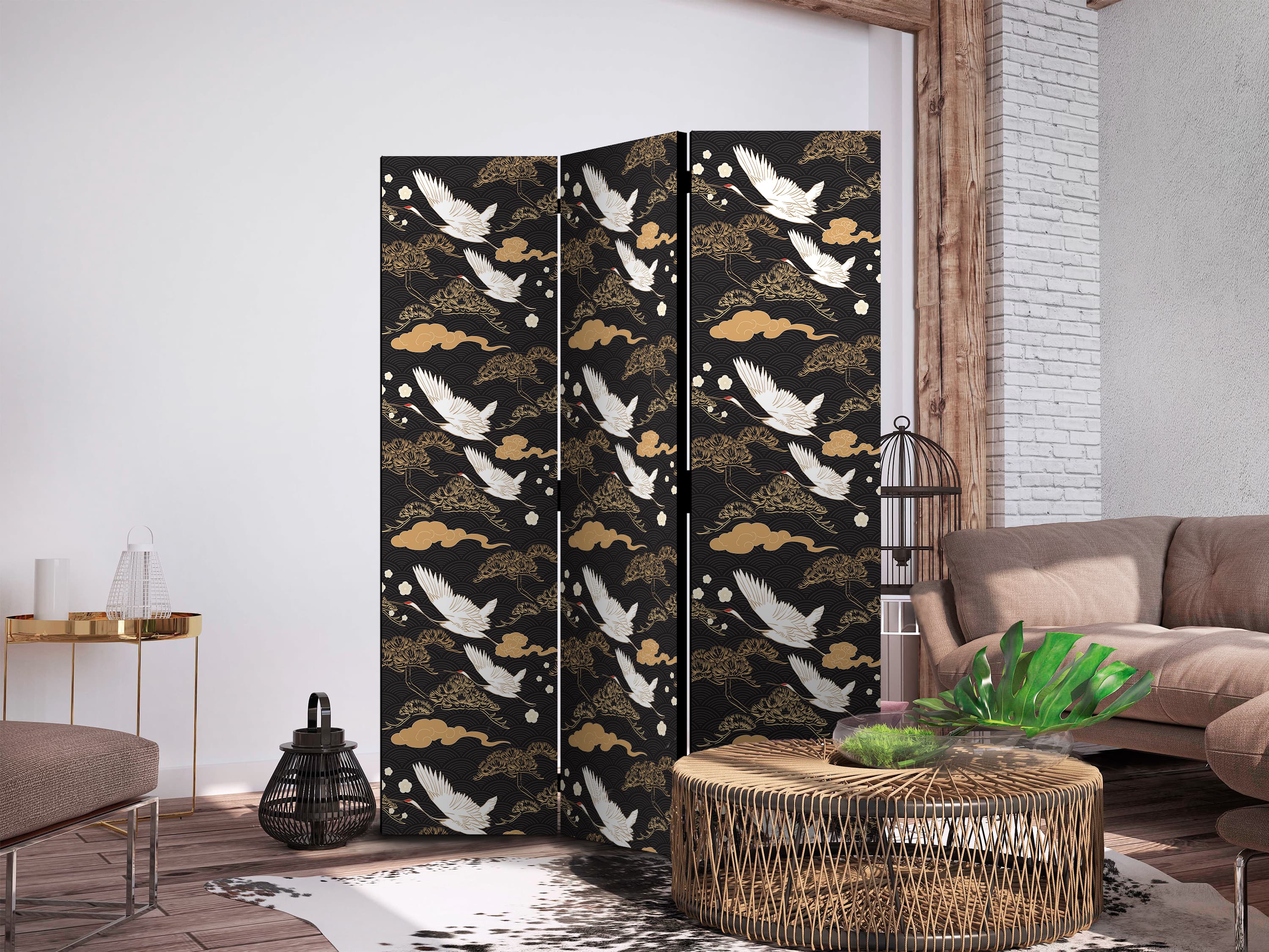 Parawan Orientalne impresje - dekoracyjny wzór z motywem lecących żurawi na ciemnym tle 135×172 cm, jednostronny