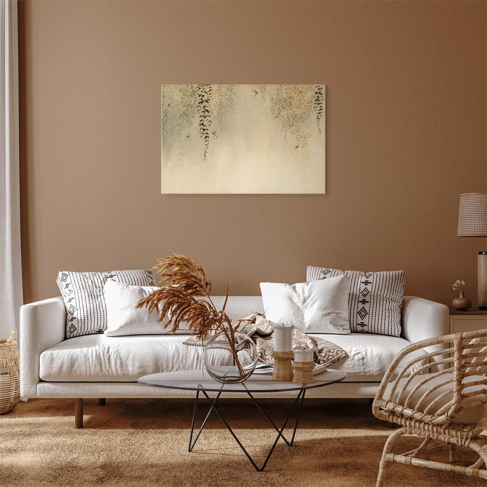 Leinwandbild Wiosenny sad - koliberki wśród gałęzi drzew w odcieniach beżu 30×20 cm, italienische Leinwand