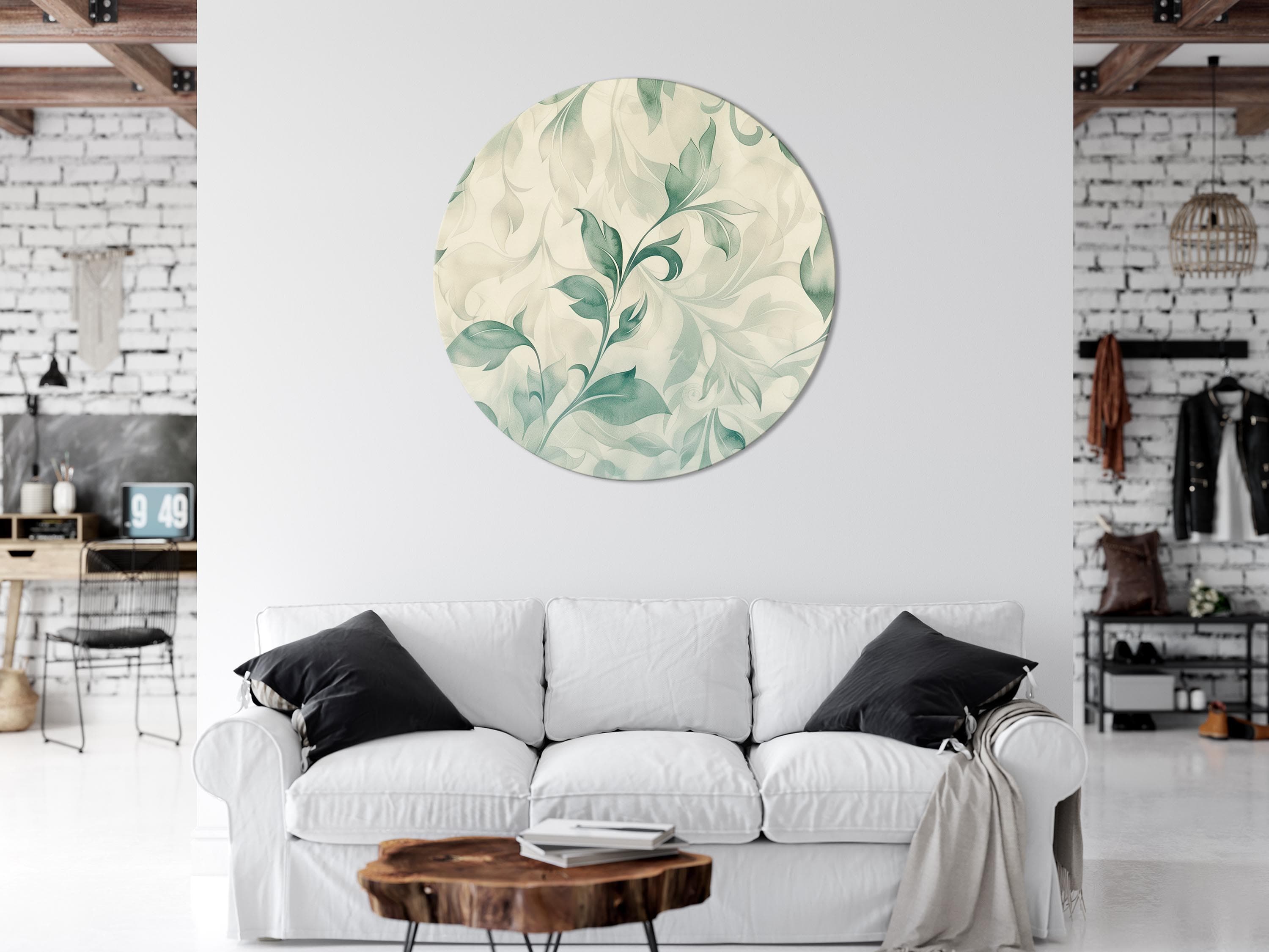Obraz okrągły Akwarelowy motyw botaniczny: delikatne zielono-beżowe listki 40×40 cm