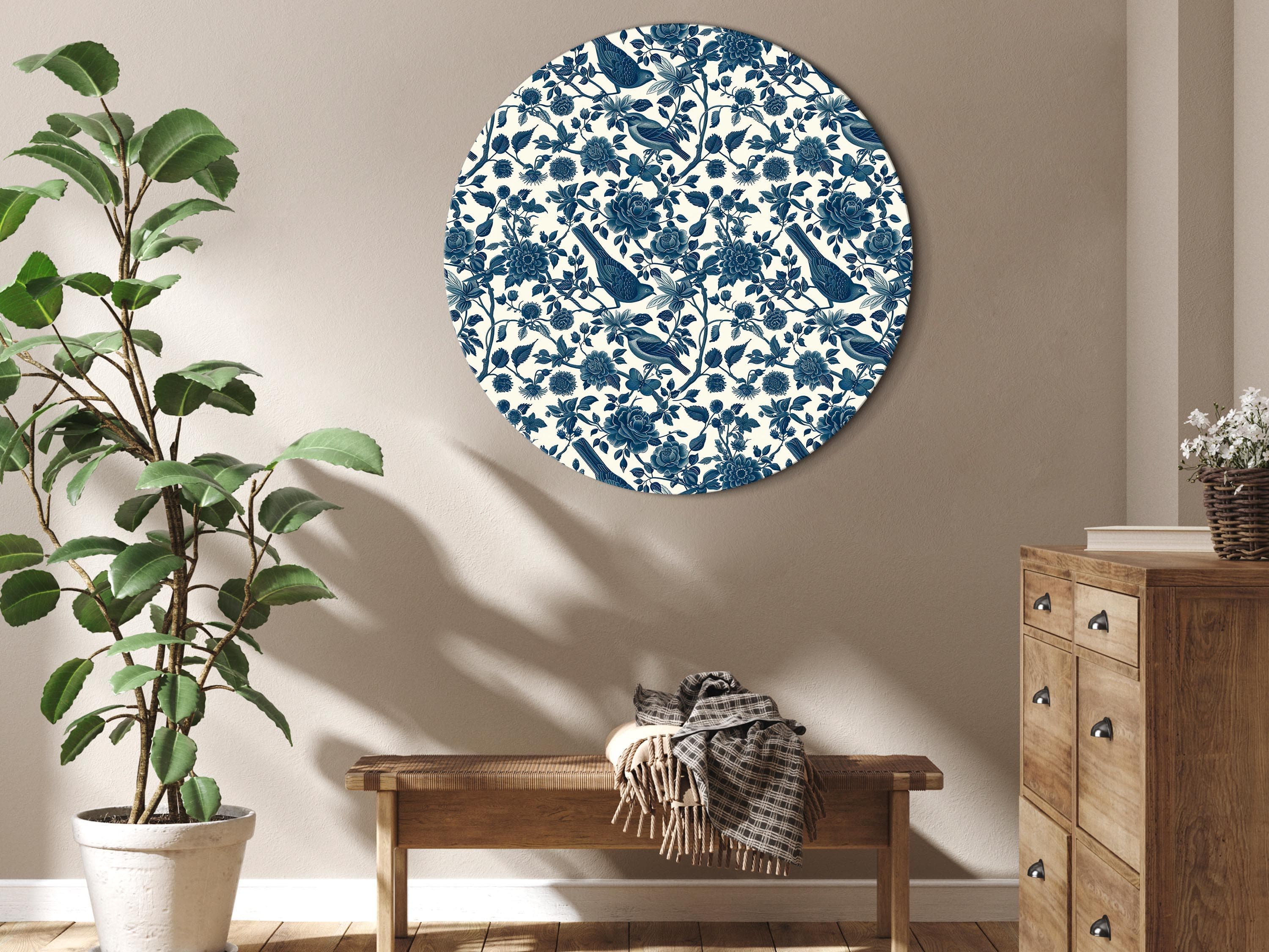 Round canvas print Ptaki i róże - monochromatyczny niebieski wzór z botanicznym motywem 40×40 cm
