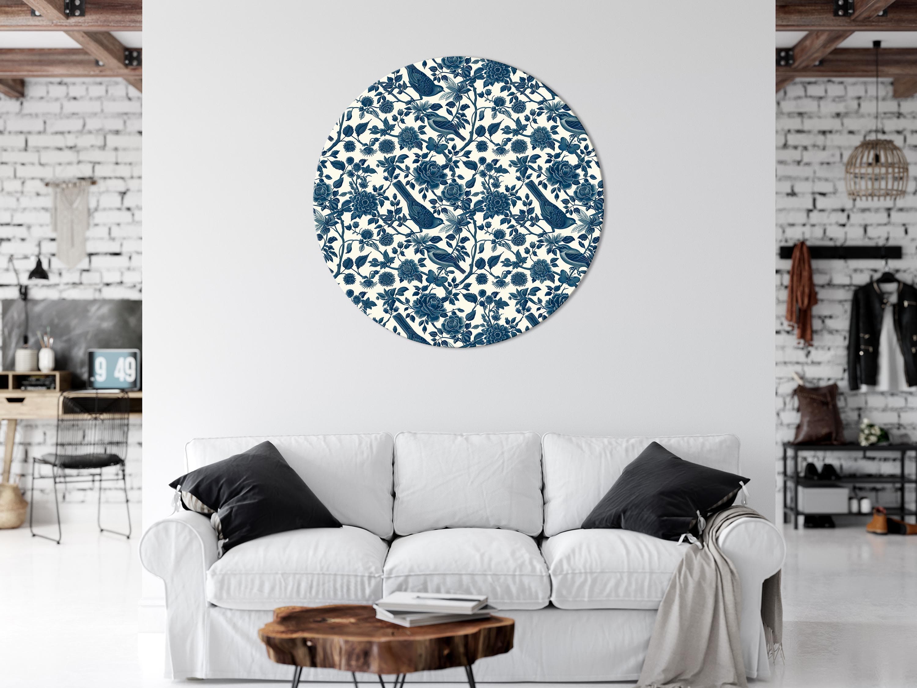Round canvas print Ptaki i róże - monochromatyczny niebieski wzór z botanicznym motywem 40×40 cm