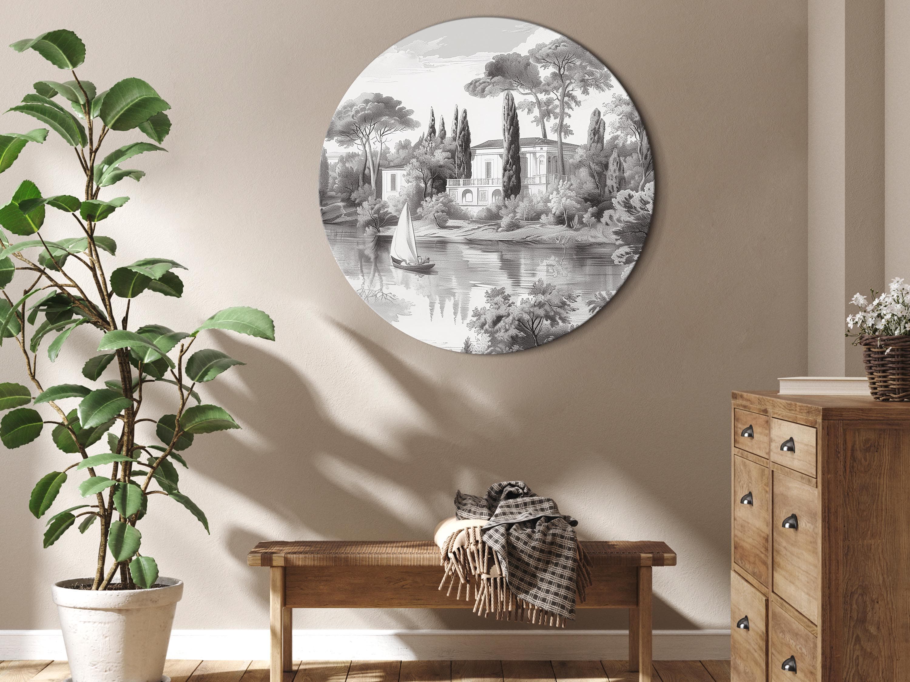 Obraz okrągły Czarno-biały pejzaż vintage ze stawem 40×40 cm
