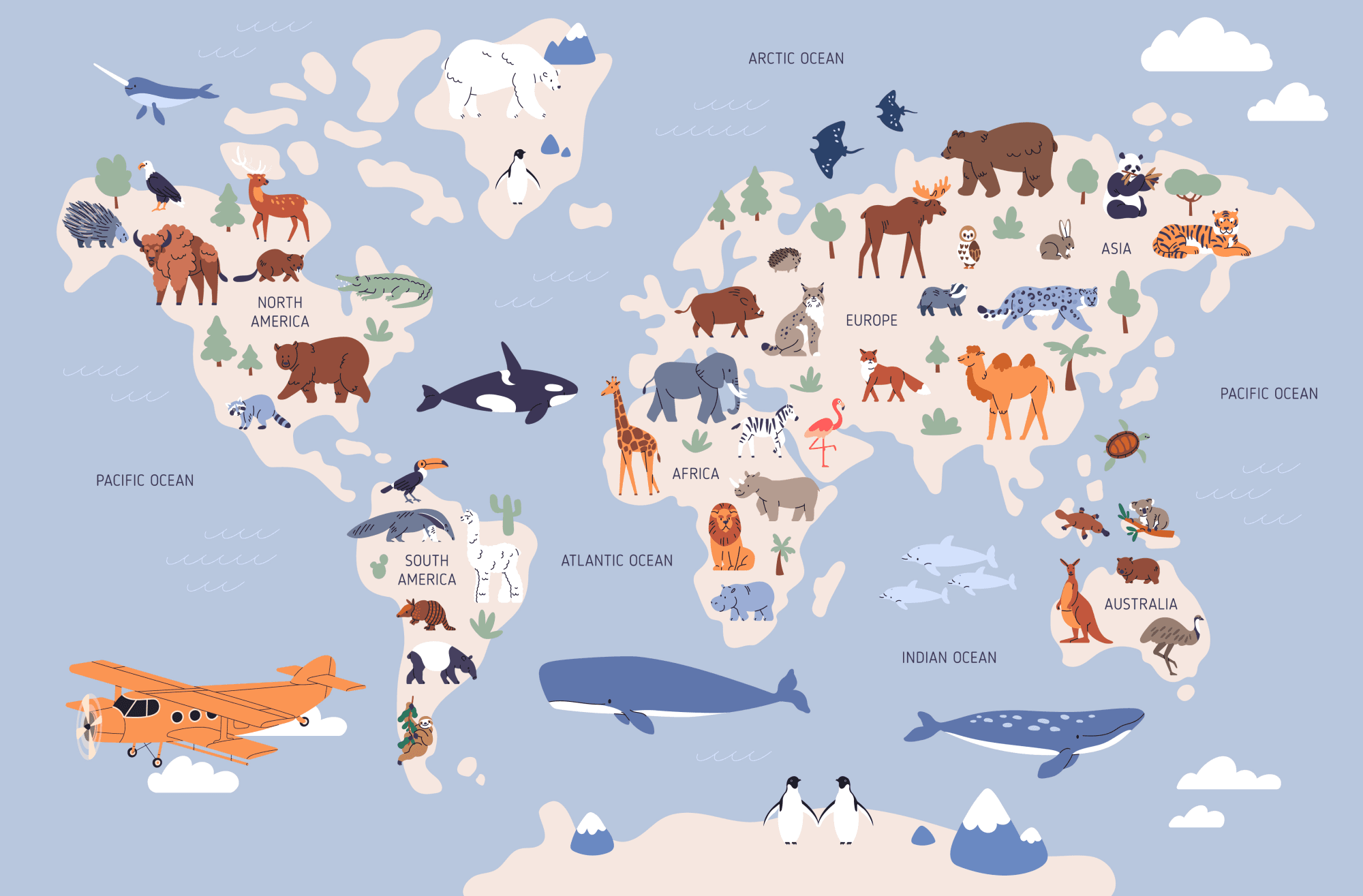 Фотообои Mapa świata z ilustracjami zwierząt 450×315 см, флизелин стандарт