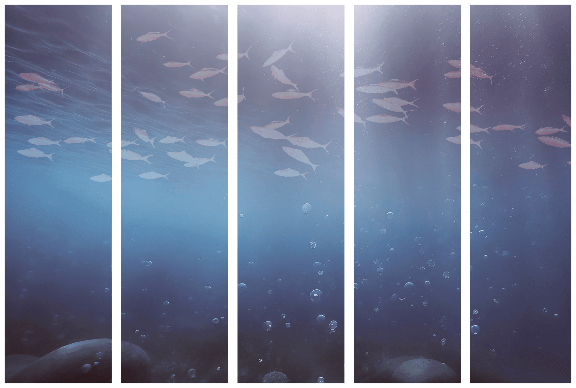 Japanischer Paravent Ławica małych rybek - Rozświetlona oceaniczna toń w barwach granatu. fioletu i szarości z ławicą drobnych rybek 225×172 cm, japanisch
