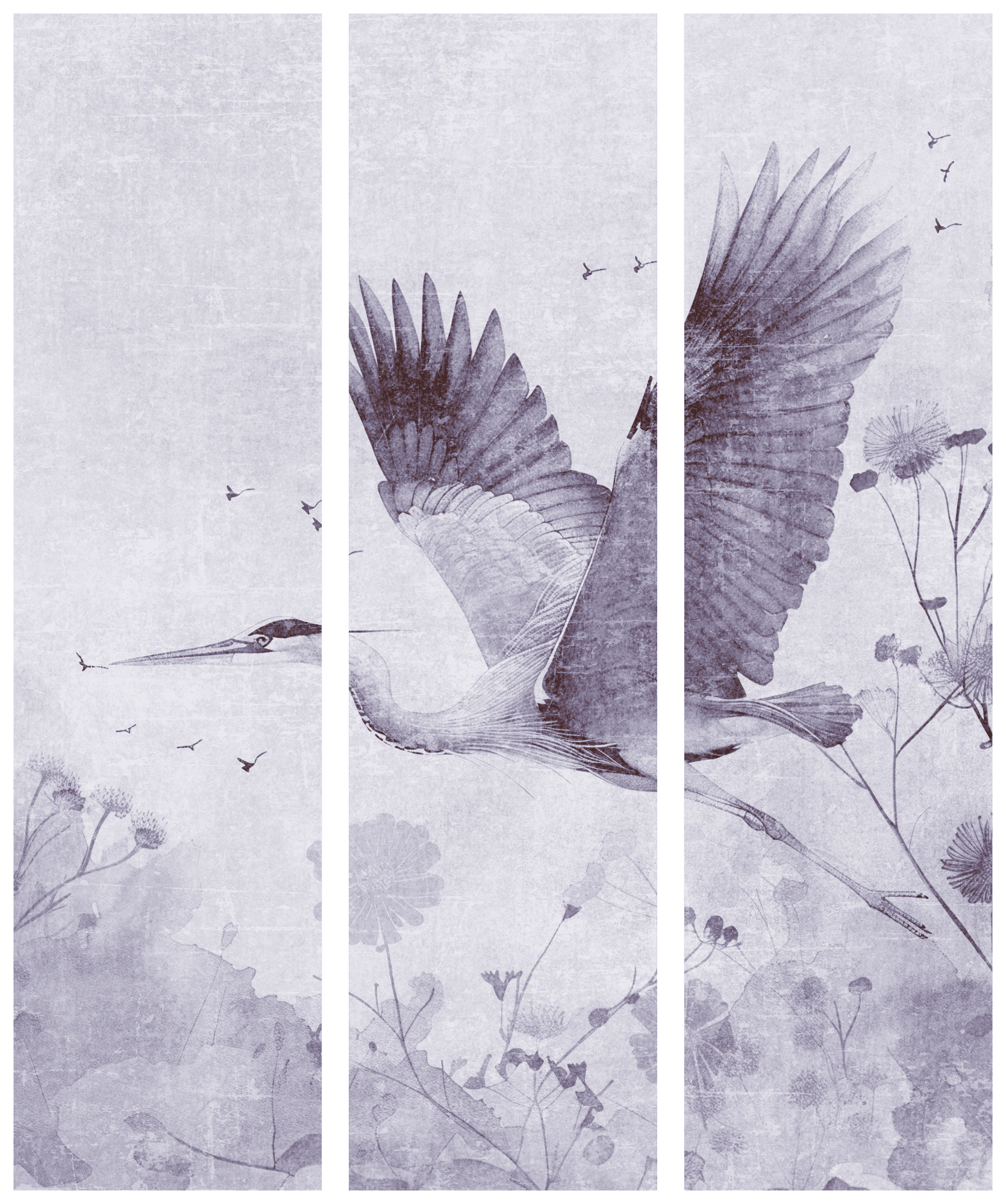 Parawan Majestatyczny lot - żuraw w locie w monochromatycznej, chłodnej kolorystyce 135×172 cm, jednostronny