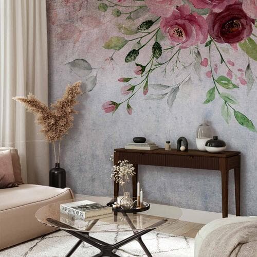 Wall mural Rozkwit lata - motyw roślinny z kwiatami i liśćmi w różowych tonach 450×315 cm, standard non-woven