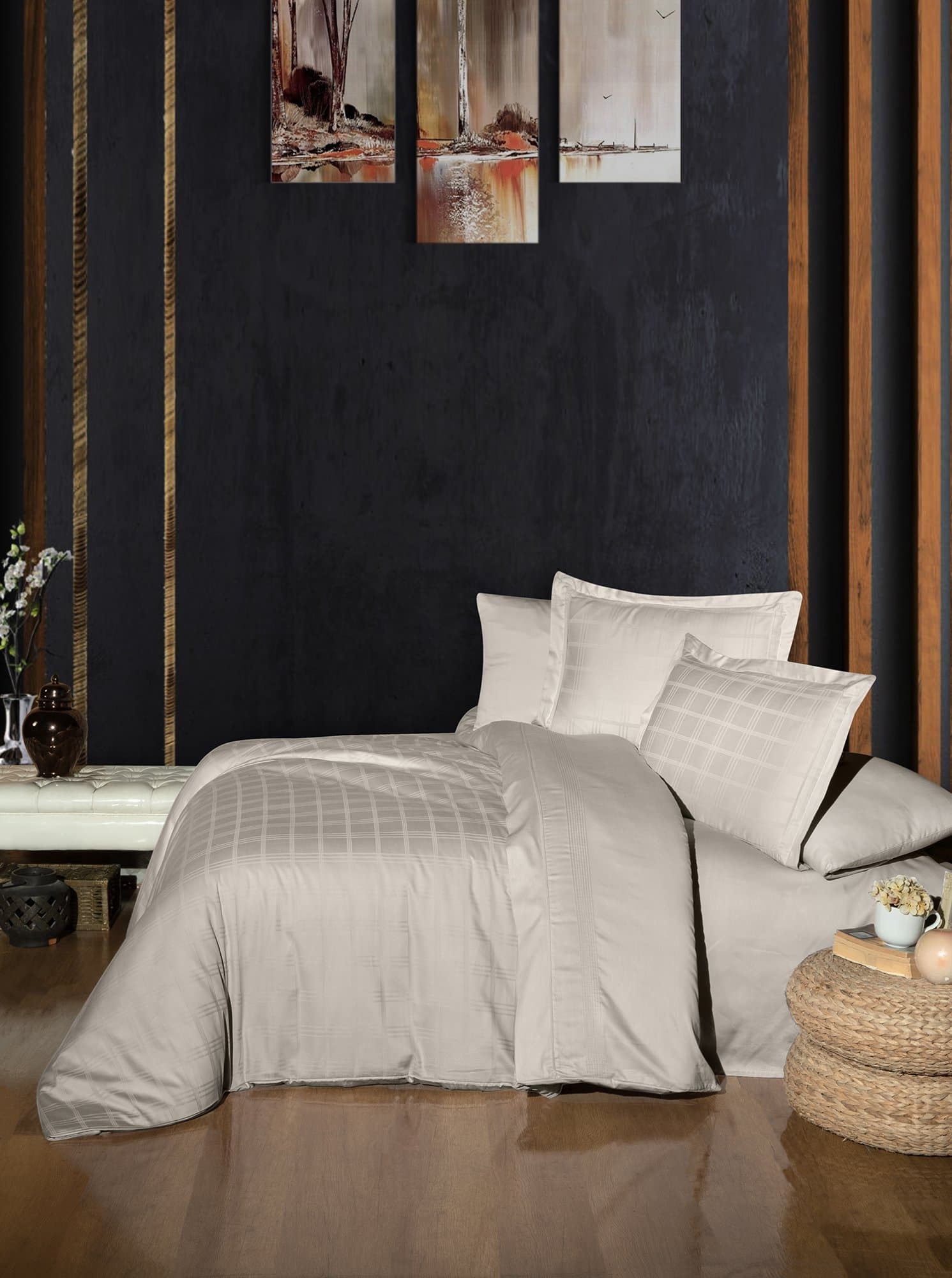 Satin-Bettwäsche 200x220 kariert ROYCE BEIGE