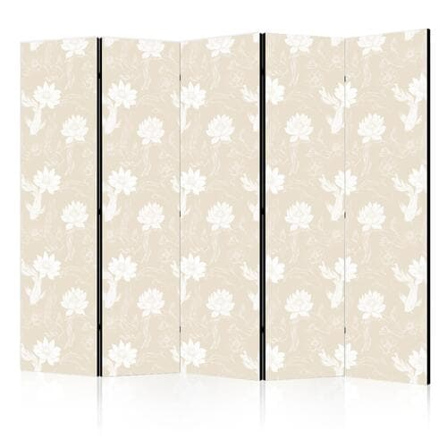 Parawan Ryby i lilie wodne - Jasne orientalne ryby pływające pośród kwiatów wodnych na delikatnym piaskowo-beżowym tle 225×172 cm, akustyczny