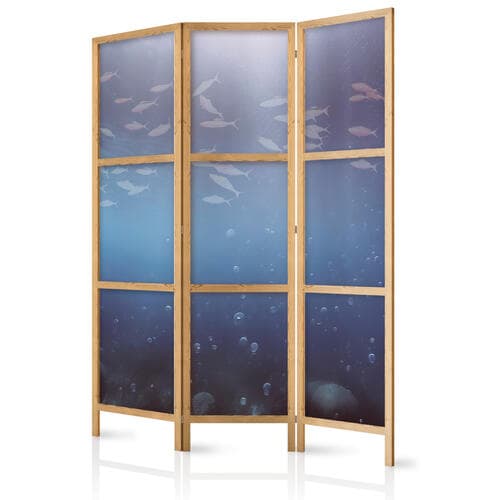 Parawan japoński Ławica małych rybek - Rozświetlona oceaniczna toń w barwach granatu. fioletu i szarości z ławicą drobnych rybek 135×172 cm, japoński