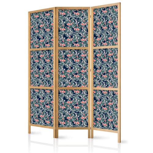 Parawan japoński Rybki wśród liści - Barwne rybki Koi wśród ciemnozielonych lisci nenufarów na tafli granatowej wody 135×172 cm, japoński