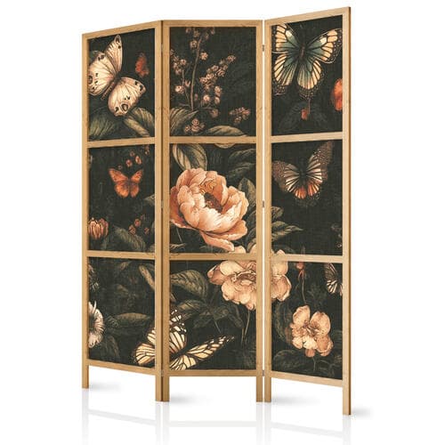 Parawan japoński Tajemniczy ogród - motyle latające nad kwiatami - rustykalny wieczór 135×172 cm, japoński