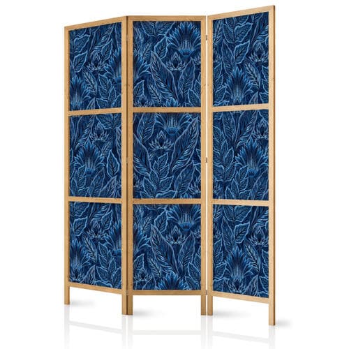 Parawan japoński Gęsta roślinność - botaniczne wzory w ilustracyjnym stylu; niebieskie 135×172 cm, japoński