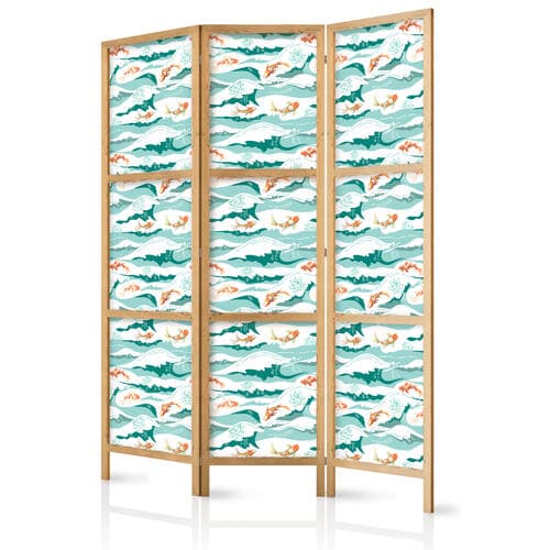 Parawan japoński Ryby wyskakujące ponad fale - Orientalne ryby i lilie wodne wśród wysokich fal w barwach morskiej zieleni 135×172 cm, japoński