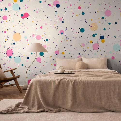 Wall mural Kropki plamki i kleksy wielokolorowe wesoły wzór na jasnoróżowym tle 200×140 cm, standard non-woven