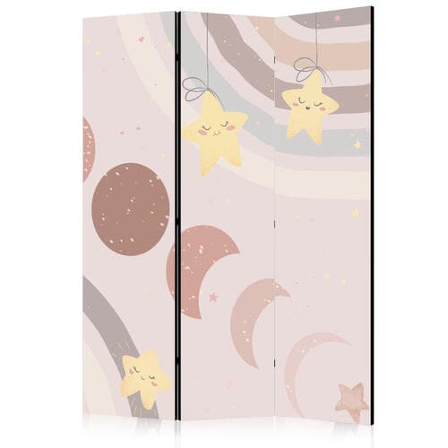 Room divider Radosne niebo - Żółte wesołe gwiazdki z tęczą na tle faz księżyca - na niebie w kolorystyce jasnego beżu 135×172 cm, acoustic