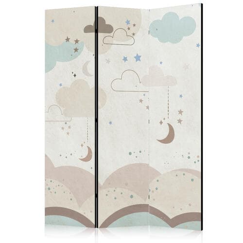 Room divider Pochmurne nocne niebo - Księżyce w brązach i beżach pośród licznych chmur oraz gwiazdek na jasnym tle 135×172 cm, acoustic