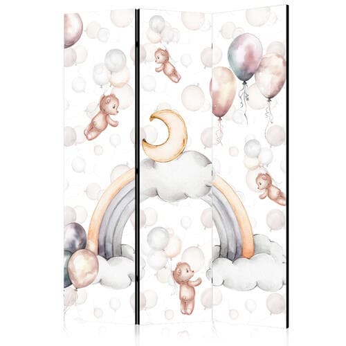 Room divider Pluszowe misie z balonikami - Latające jasno-brązowe misie pośród balonów - chmur i tęczy w stonowanej - pastelowej kolorystyce 135×172 cm, acoustic