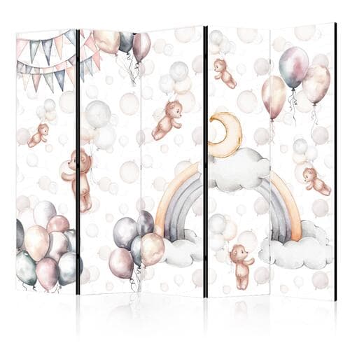Room divider Pluszowe misie z balonikami - Latające jasno-brązowe misie pośród balonów - chmur i tęczy w stonowanej - pastelowej kolorystyce 225×172 cm, one-sided
