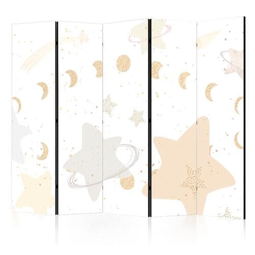 Room divider Bajeczna galaktyka - Fazy księżyca w odcieniach żółci wśród gwiazdek w barwach beżu i popielu z gwiezdnym pyłem 225×172 cm, one-sided