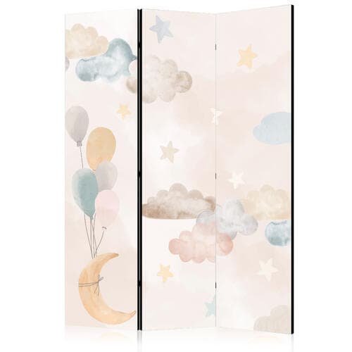 Room divider Baśniowy księżyc - Księżyc z balonikami wśród chmur i gwiazdek w stonowanych kolorach na jasnym - beżowym tle 135×172 cm, acoustic
