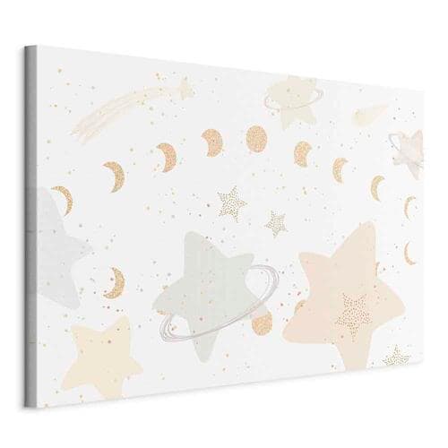 Canvas print Bajeczna galaktyka - Fazy księżyca w odcieniach żółci wśród gwiazdek w barwach beżu i popielu z gwiezdnym pyłem 90×60 cm, standard canvas