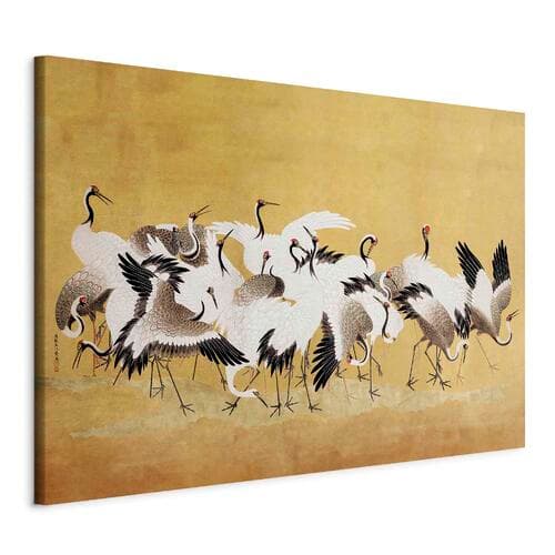 XXL-Leinwandbild Japońskie żurawie - stado ptaków na tle w odcieniu złota na podstawie obrazu Ishida Yūtei 180×120 cm