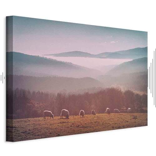 Leinwandbild Owce na tle górskiego krajobrazu - zwierzęta w naturze 120×80 cm, Standardleinwand