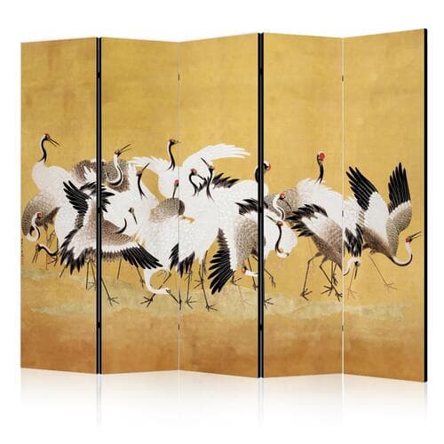 Parawan Japońskie żurawie - stado ptaków na tle w odcieniu złota na podstawie obrazu Ishida Yūtei 225×172 cm, akustyczny