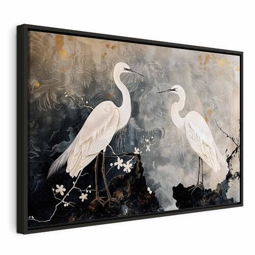 Obraz na płótnie Czaple i kwiat wiśni - ilustracja w orientalnym stylu przedstawiająca ptaki 60×40 cm, płótno standard