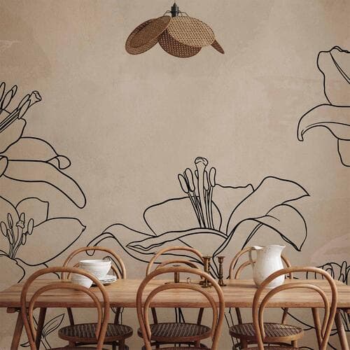 Wall mural Szkic natury - minimalistyczny lineart z kwiatami lilii na beżowym tle 500×350 cm, waterproof material