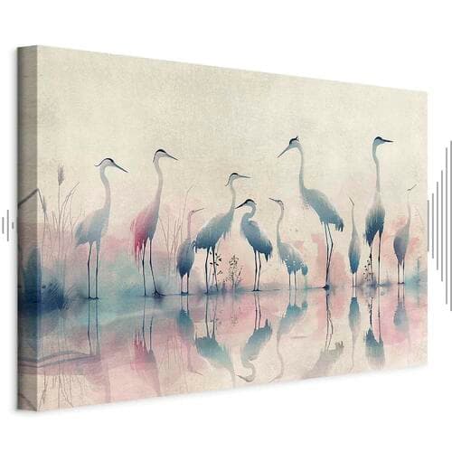 Canvas print Ptaki nad jeziorem - czaple malowane akwarelą w delikatnej, szaro-różowej kolorystyce 30×20 cm, standard canvas